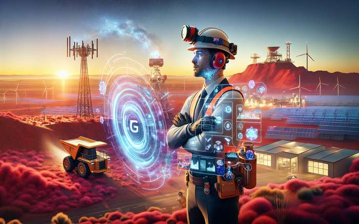 "A futuristic Australian business scene showing 5G enterprise wireless connectivity revolutionizing operations. In the foreground, a mining professional wearing a safety helmet with an Australian flag pin is operating advanced remote equipment through a holographic interface displaying real-time data. Behind them, an autonomous mining vehicle navigates a red Outback landscape with solar panels visible in the distance. Subtle 5G signal towers blend into the environment, with faint visible connection lines linking various equipment. The lighting creates a positive, innovative atmosphere with sunrise colors highlighting cutting-edge technology. The scene conveys efficiency, innovation and the transformative impact of wireless technology on Australian industry. Photorealistic style with intricate technological details."