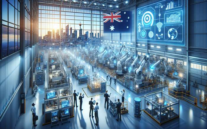 "A photorealistic image of a modern Australian industrial facility showcasing Wi-Fi 7 technology transforming Industrial IoT. Advanced manufacturing robots and autonomous equipment operate seamlessly on a factory floor with visible wireless connectivity symbols or visualization of data streams flowing through the air. Australian elements like a small flag or Sydney skyline visible through large windows. Workers with diverse appearances monitoring operations on tablets with interested, engaged expressions. The scene should have a clean, high-tech atmosphere with blue and white lighting showing the convergence of physical machinery and digital connectivity. Capture the essence of industrial digital transformation with both human and automated elements working harmoniously."